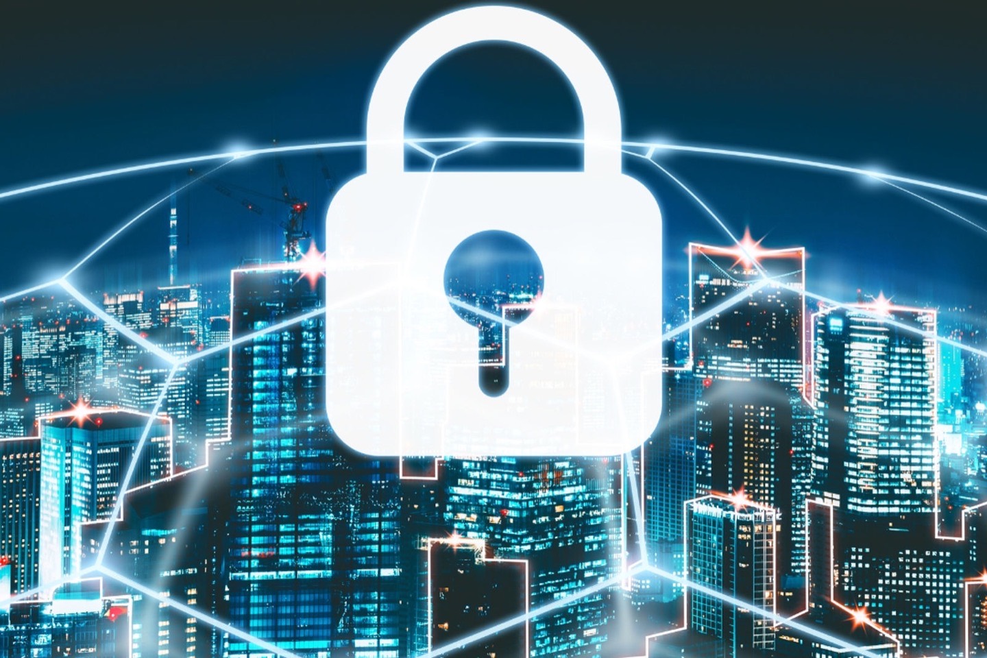 A padlock over a representation of the digital world